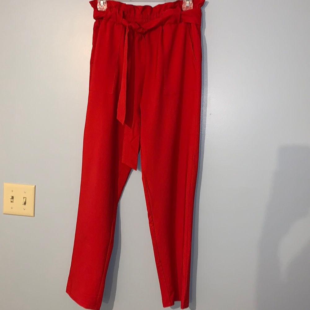 Red Paper bag style high waisted pants ankle length